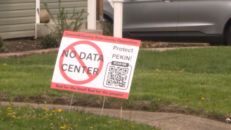 "No Data Center" sign in front of a house in Pekin