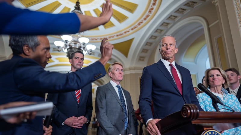 Senate Majority Leader John Thune, R-S.D., joined from left by Sen. Tom Cotton, R-Ark., Sen....