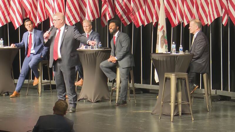 State senator and GOP candidate for governor Darren Bailey points out Irvin's absence during...